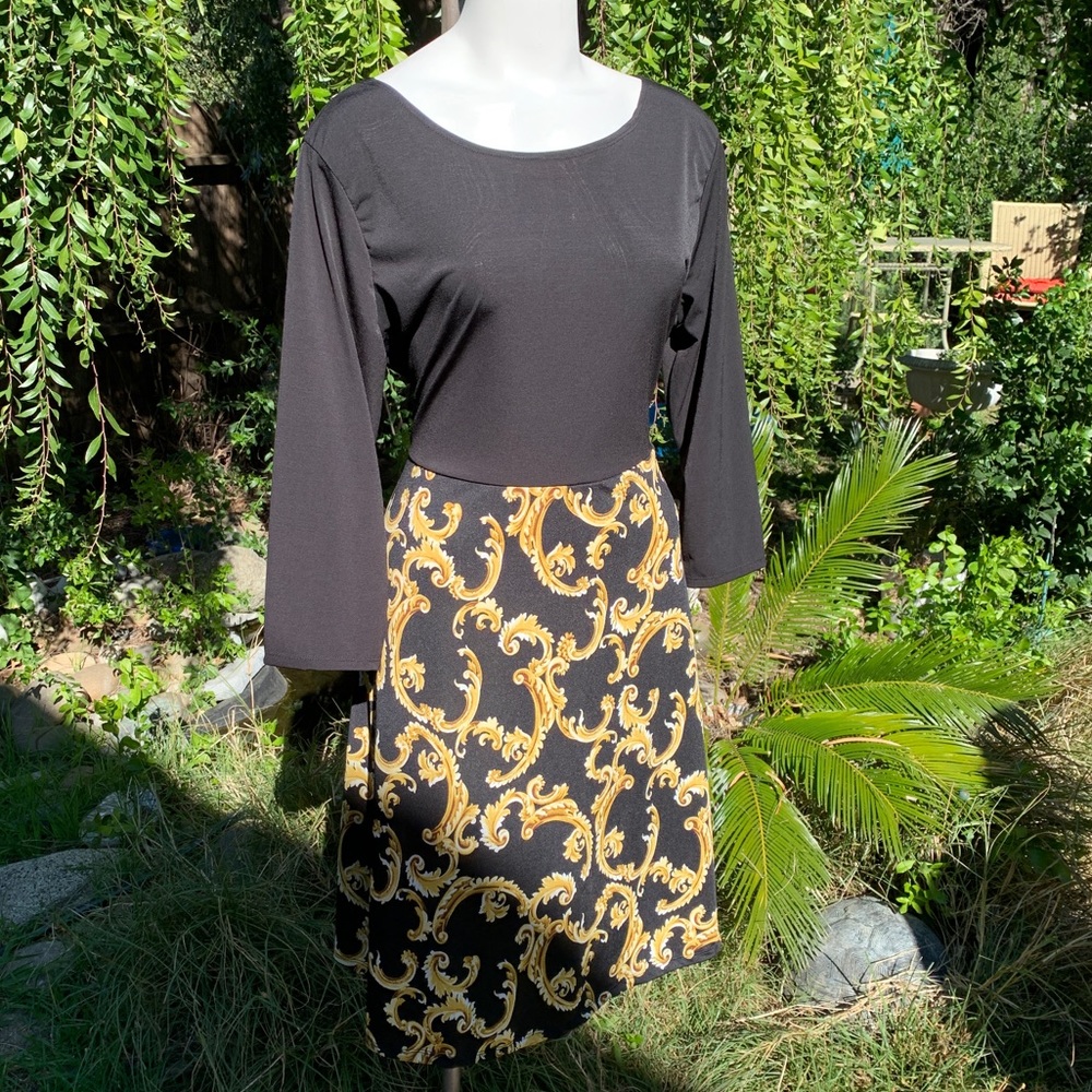 BELLA FLORE Flattering Black Gold Dress Plus 1X